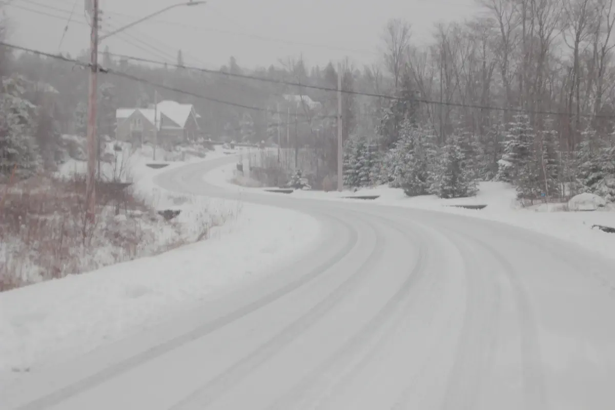 A snow-covered lane lined with trees in Fall River, Nova Scotia